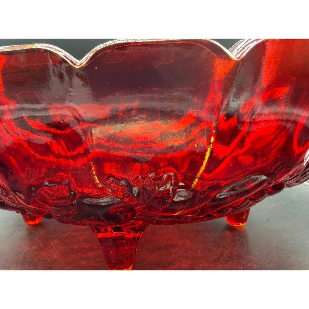 Vintage Ruby Red Amberina Glass Footed Bowl Scalloped Fruit Pattern Centerpiece